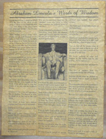 Lincoln's Words of Wisdom antiqued parchment replica document